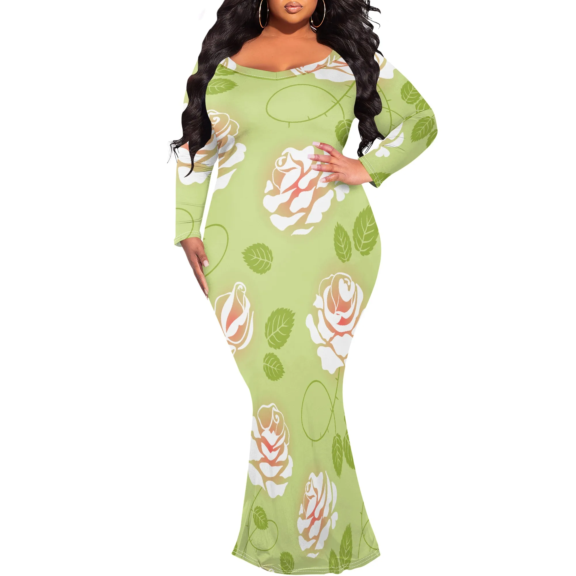 Romantic Rose Floral Long Sleeve V-Neck Maxi Dress - Women's Fresh Elegant Party Evening Resortwear Beachwear