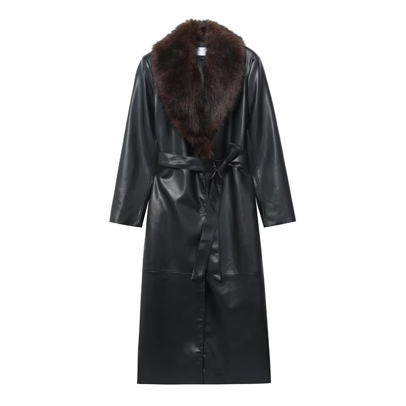 Jenny & dave inverno francês minimalista gola de pele do falso retalhos casaco de couro blusão trench coat jaqueta feminina roupas