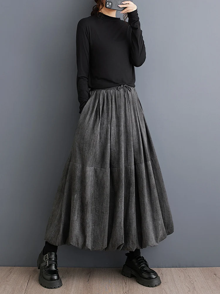 2026 Spring Autumn New Vintage High Waist Pleated Skirt Women Plus Size Fashion Drawstring Loose Casual Midi Skirts Clothing