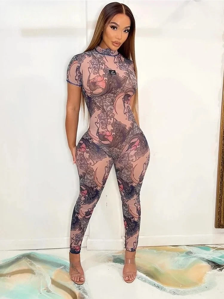 

Summer Women Jumpsuit Mesh Myth Print Body-shaping One Piece Clothing Girls Hipster Party Street Cool Overalls Attire Hot