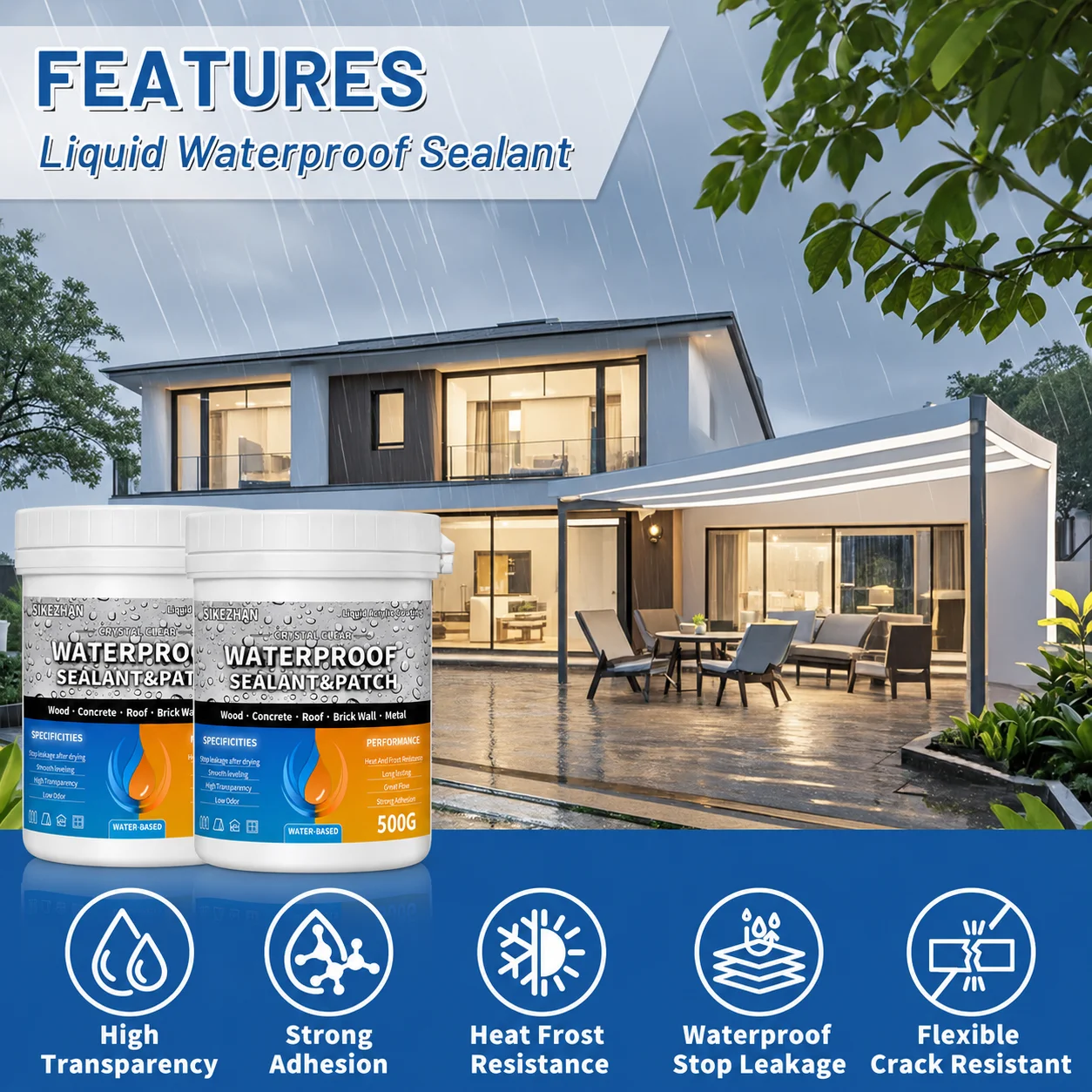 Professional 500g Waterproof Sealant Glue SIKEZHAN, High Transparency Leakage Repair for Wood Concrete Metal with Brush Kit
