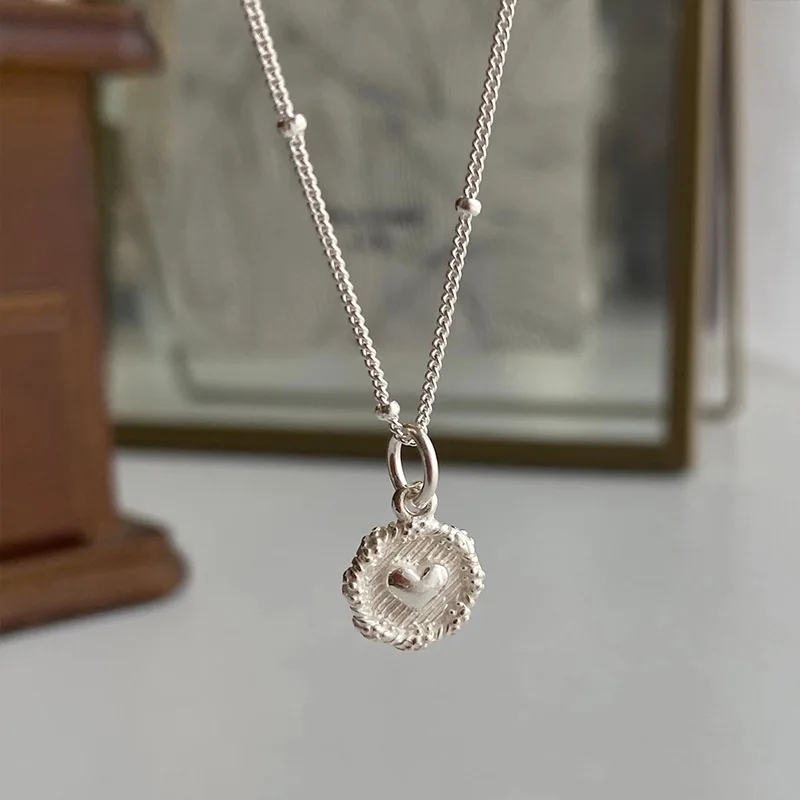 Girlbible  925 Sterling Love Heart Texture Bead Necklace for Women Girl Stereoscopic Design Double Sided Jewelry Gift Wholesale