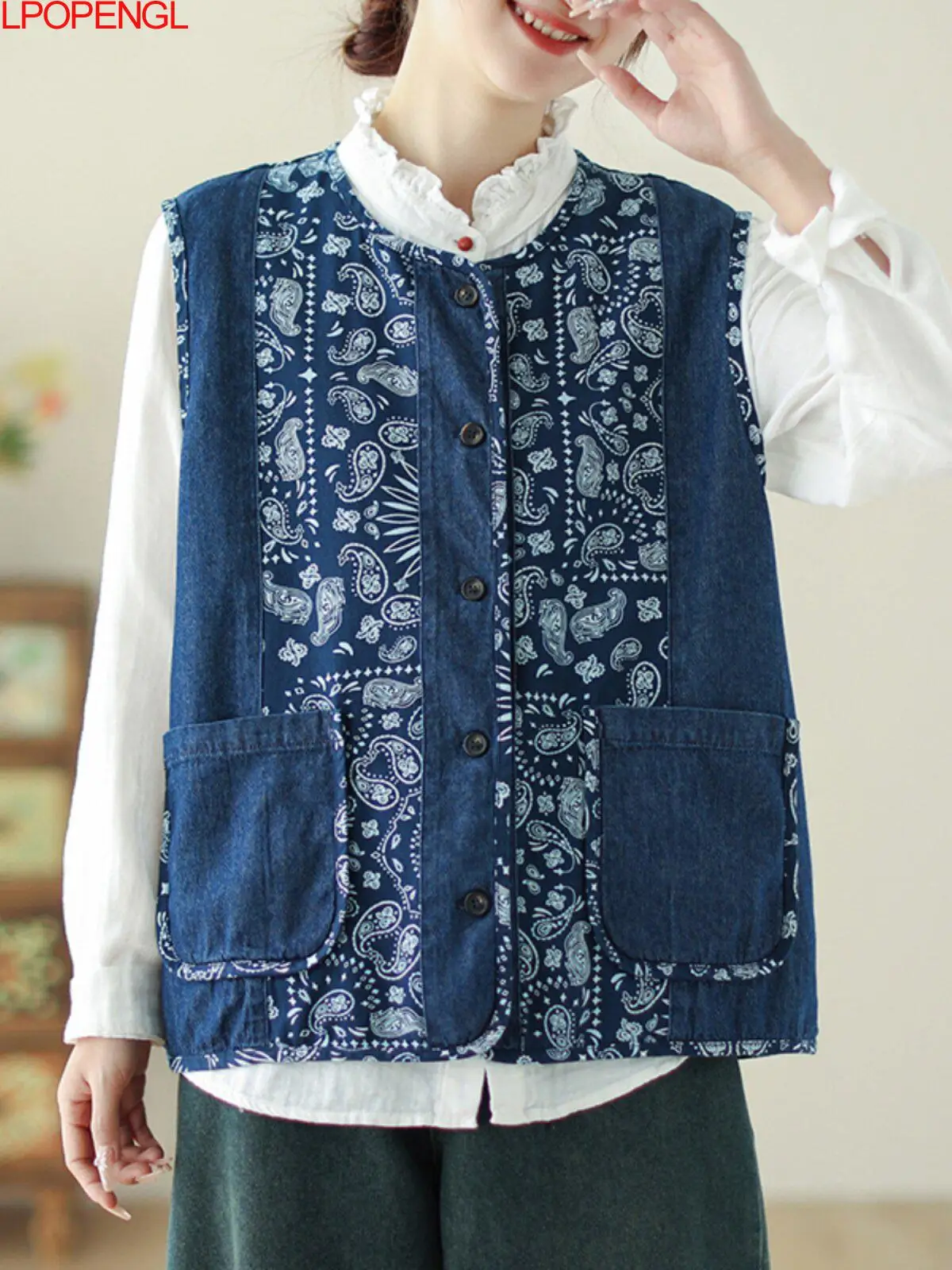 New Spring And Summer Vintage Printed O-neck Single Breasted Sleeveless Vest Women Casual Versatile Ethnic Style Loose Outerwear