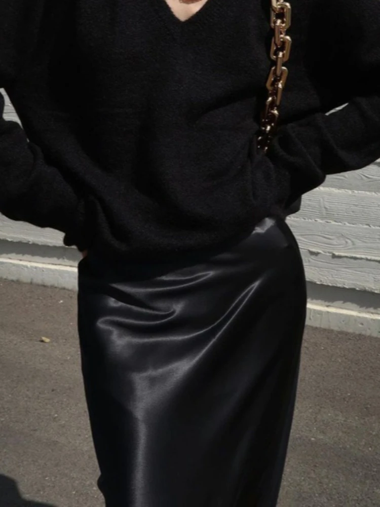 Tossy Black Satin Elegant Long Skirt For Women Solid High Waist Patchwork Slim Commute Straight Bodycon Skirt Women's Maxi Skirt