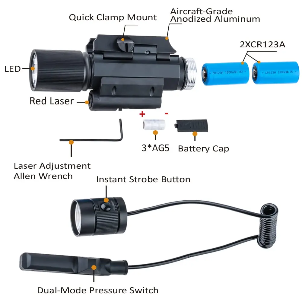 Red Laser Sight Combo, 800 Lumens Tactical Riflegun Flashlight 4 Modes Rail Mounted with Remote Pressure Switch