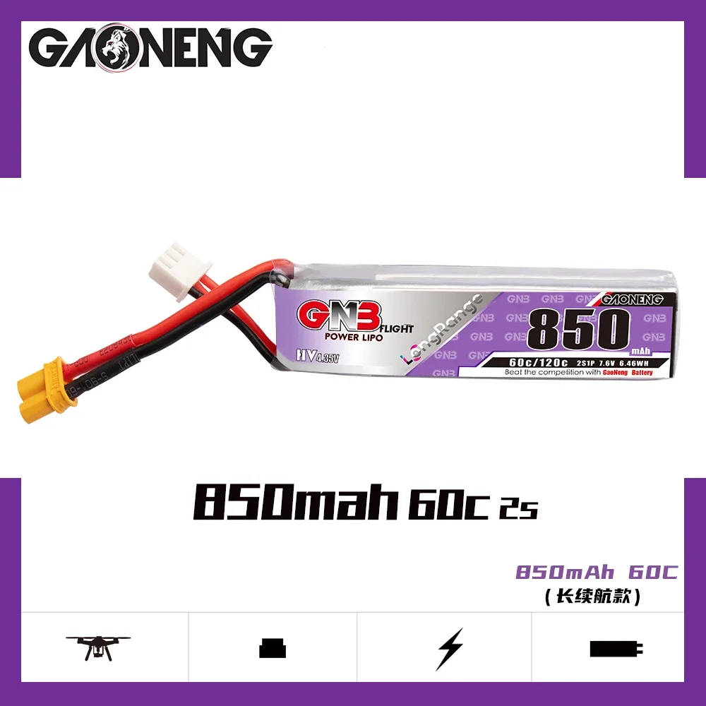 Gaoneng GNB 850mAh 7.6V/2s 11.4V/3s 15.2V/4s 60C HV Lipo Battery With XT30 Plug For Happymodel FPV Racing Cine Whoop BetaFPV