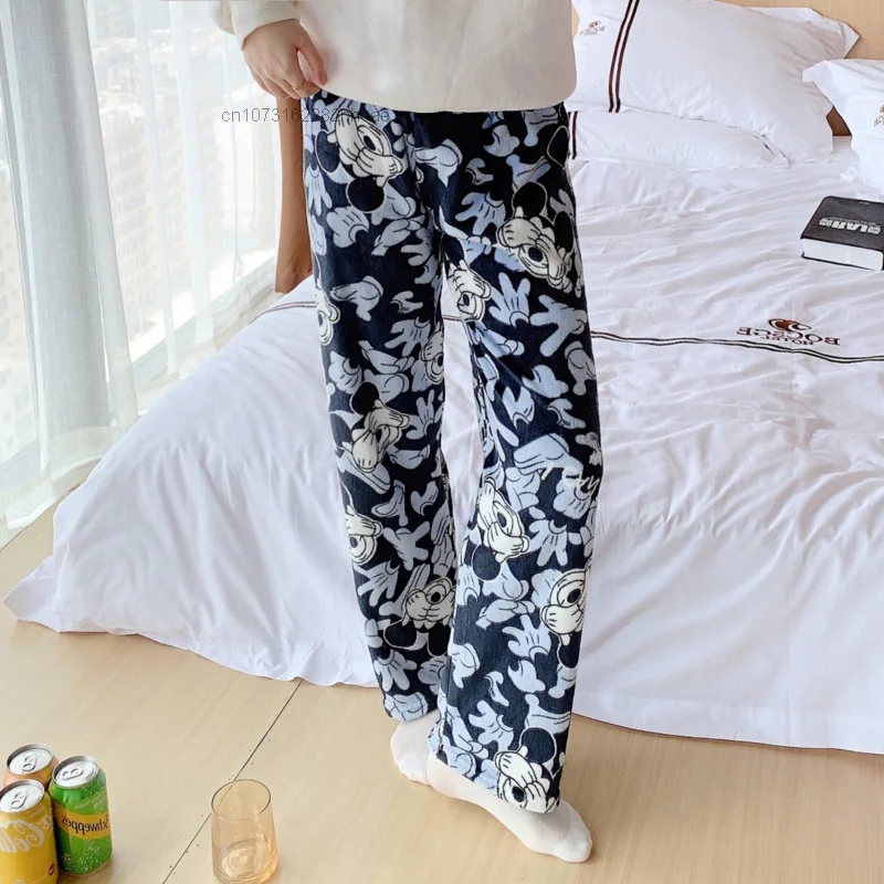 Disney Mickey Mouse Coral Velvet Pajama Pjs Pants Female Autumn Winter Warm Plush Sleepwear Pants Harajuku Kawaii Home Wear Y 2k