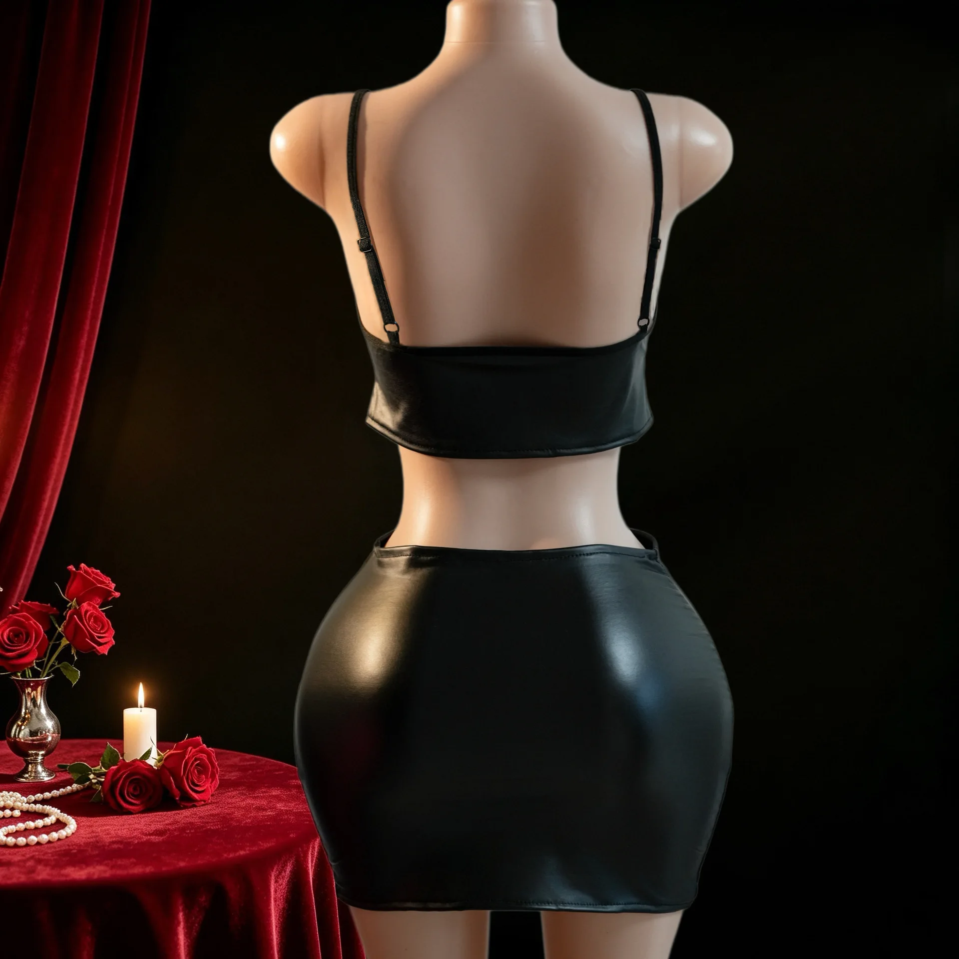 Women Black Faux Leather 2 Piece Outfit, Square Neck Cami Top & High Waist Bodycon Mini Skirt Set, Sexy for Party Dating Beach
