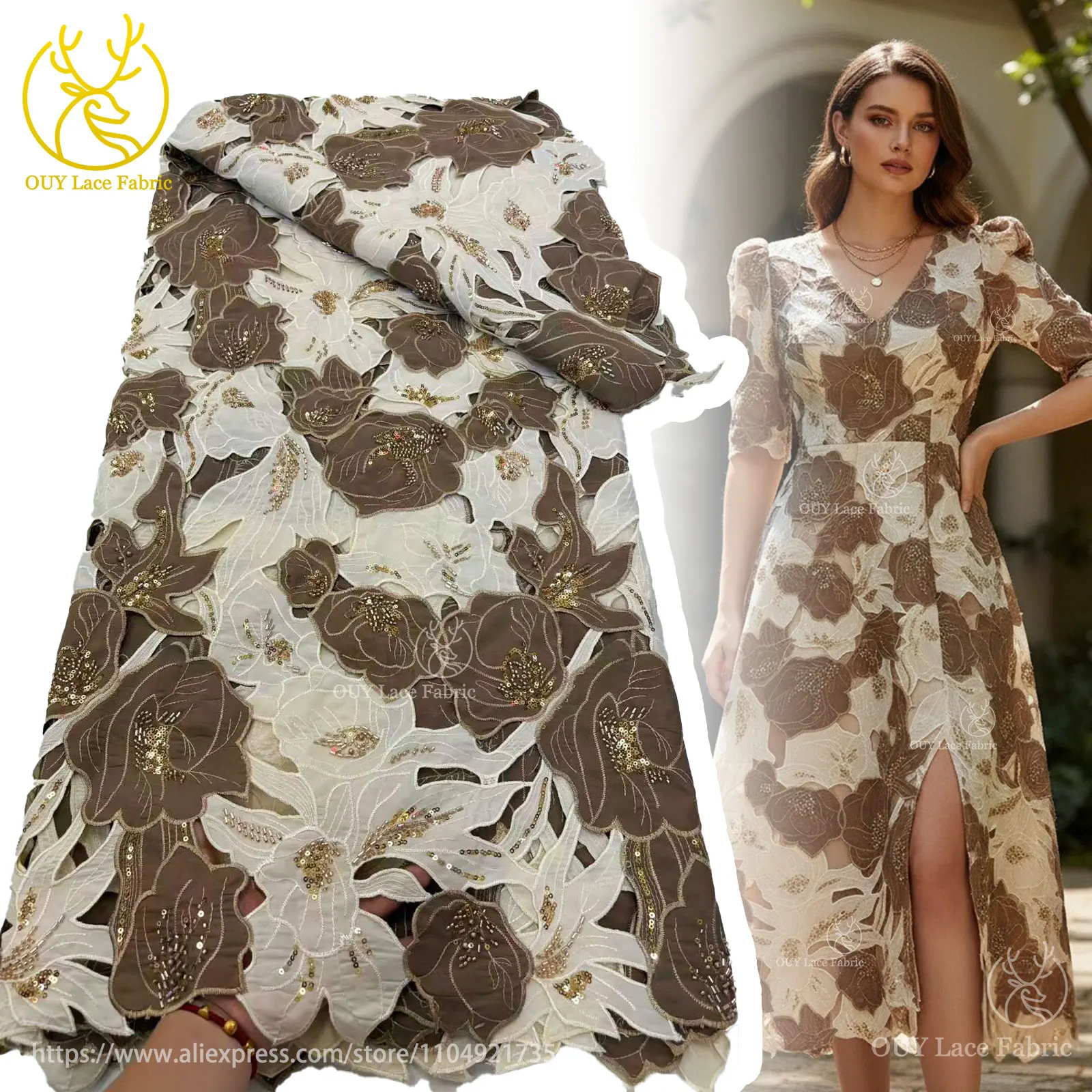 

2025 модная африканская гипюровая кружевная ткань, швейцарская водорастворимая кружевная ткань с блестками и бисером для вечерних платьев, женское шитье
