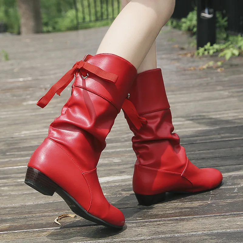 

New Women's Boots Pu Leather Winter Boots Outdoor Chunky Designer Back Lace Up Shoes Women Low Heels Mid-calf Boots Plus Size