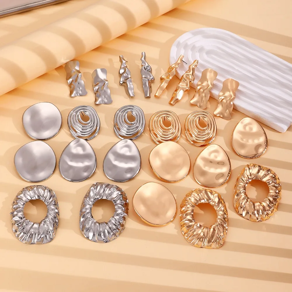 32 Styles Exaggerated Metal Lava Folded Texture Geometric Earring Retro Women's Irregular Geometry Stud Ear Fashion Jewelry Gift