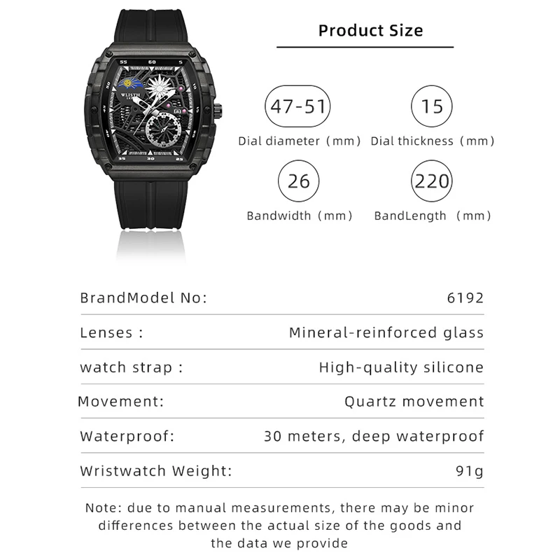 New Brand Men's Watch Fashion Automatic Movement Barrel Luminous Waterproof Clock Sports Male's Silicone Strap Quartz Wristwatch