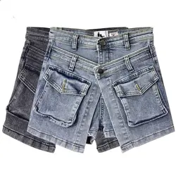 Pantalones cortos de mezclilla para mujer, shorts ajustados de cintura alta lavados, diseño falso de dos piezas, corte en A, pierna ancha, tendencia, Otoño, 2024