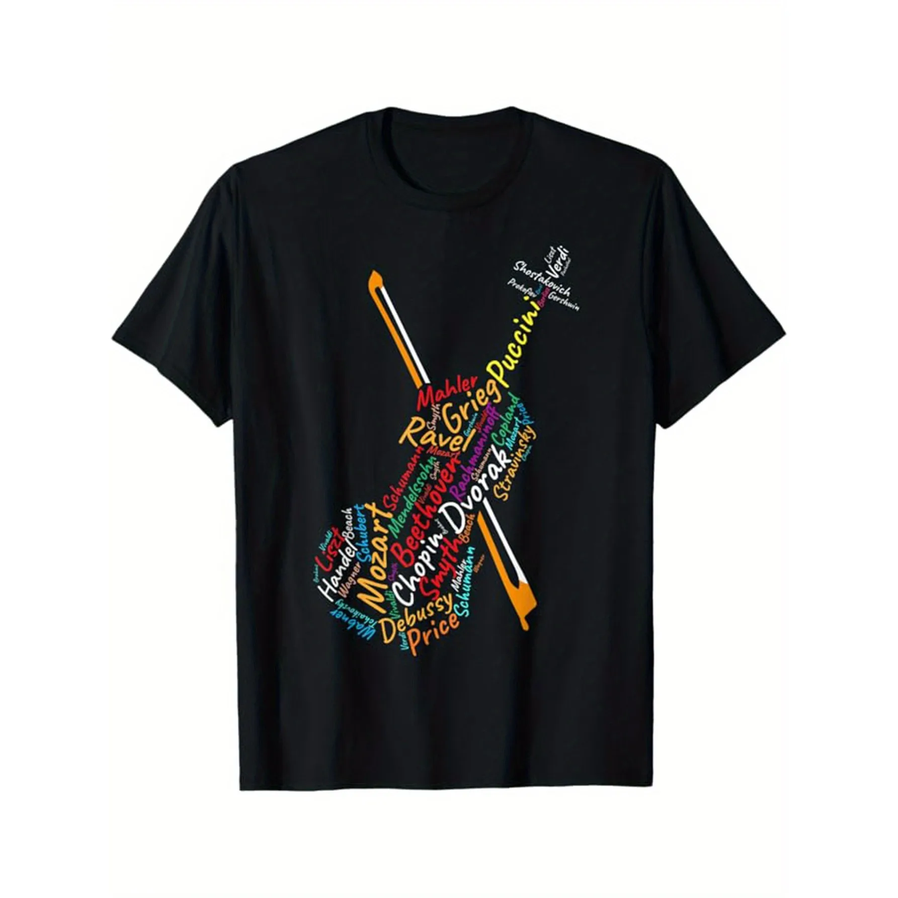 Classical Music Composers Violin Word Cloud Graphic Tee Soft Cotton Short Sleeve T-Shirt Daily Wear