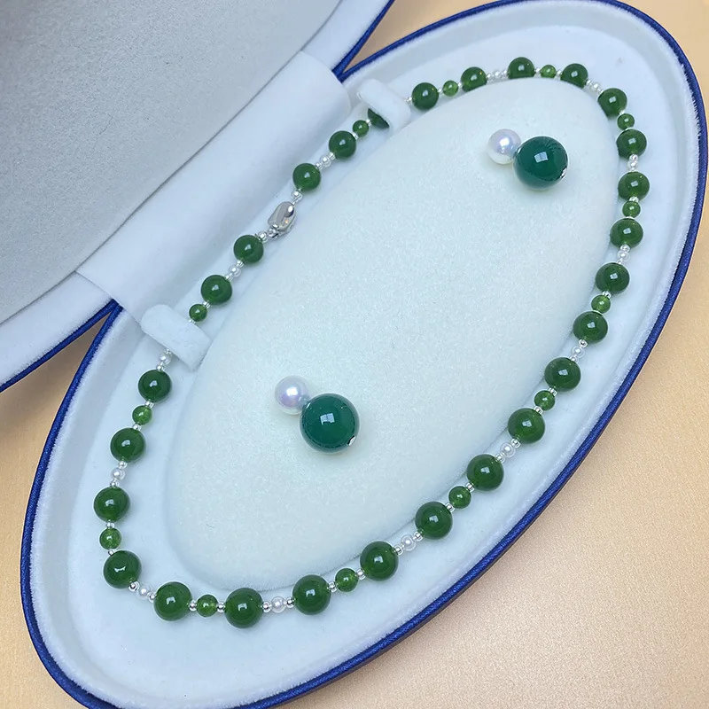 S925 Sterling Silver 7A Green Chalcedony New Chinese Pearl Special-Interest Design High-Grade Necklace Women's White Be