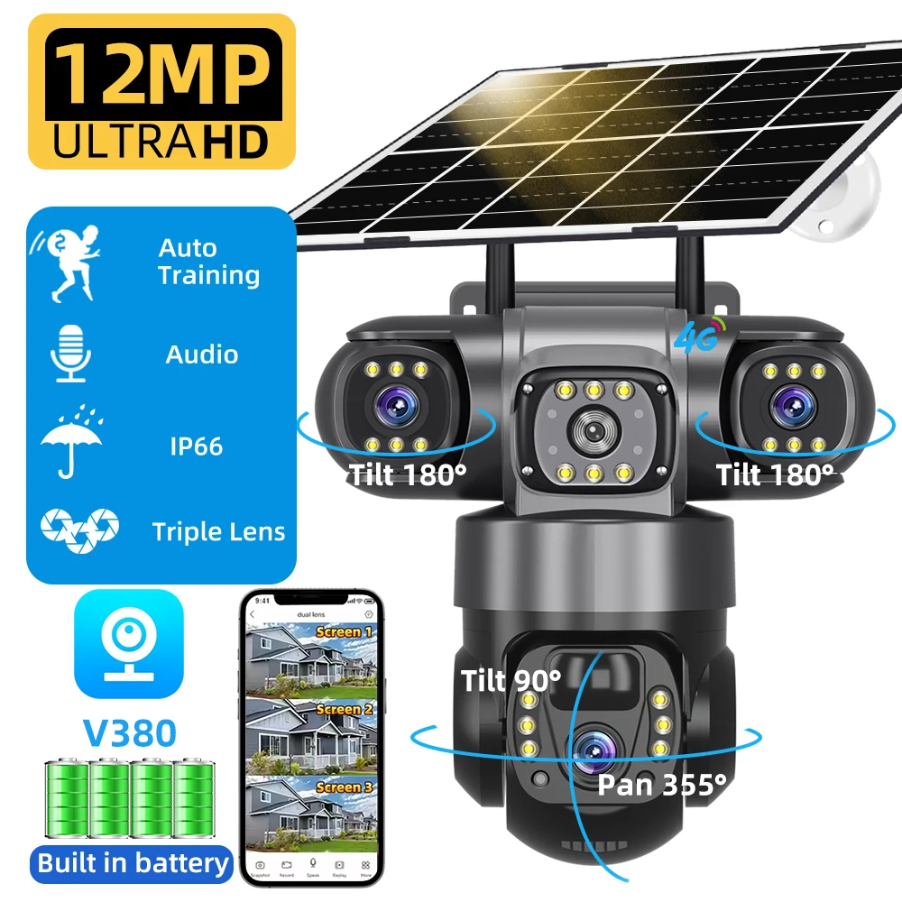 

V380 PRO 12MP 6K PTZ 4G SIM Уличная камера безопасности с тройным объективом, трехцветный экран, ночное видение, IP-наблюдение
