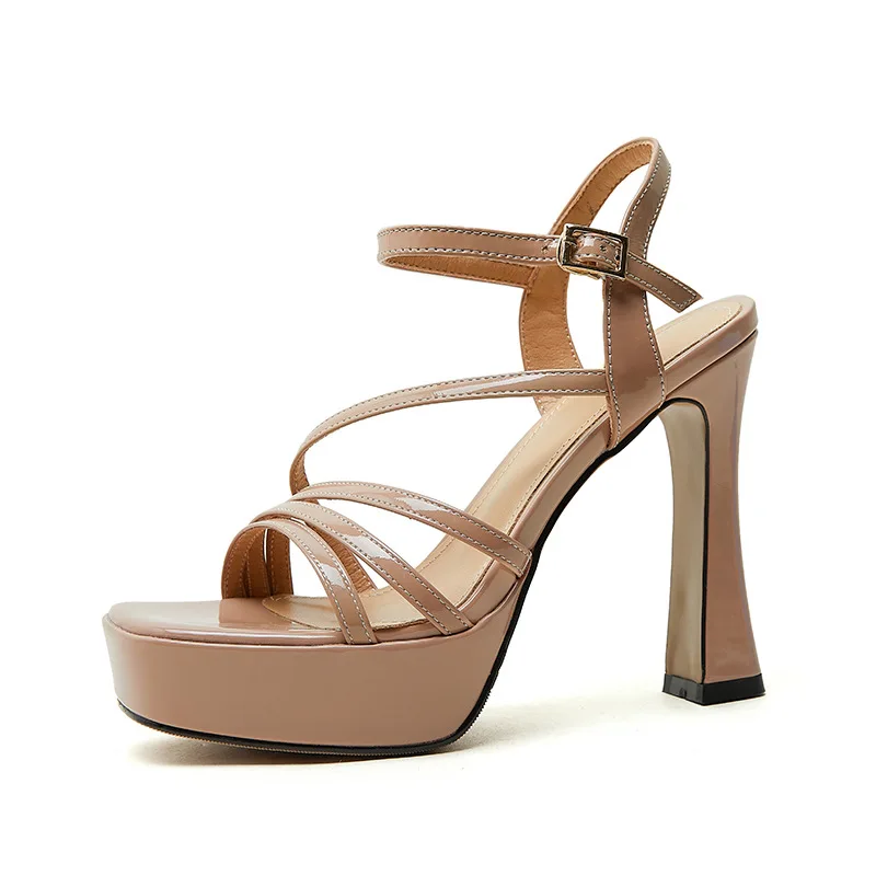 nude first-layer cow patent leather platform sandals banquet shoes~ summer square head super high heel one-button sandals