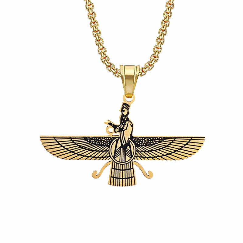 Mystische Faravahar Ahura Anhänger Gold Farbe Edelstahl Zoroast rian Halskette für Frauen Männer iranischen religiösen Schmuck Geschenk