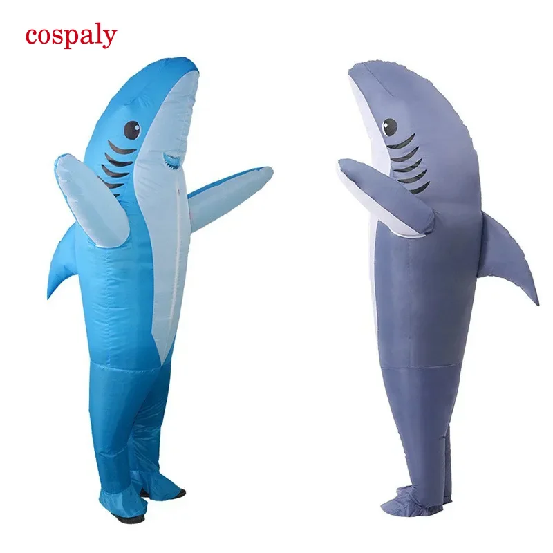 A Unisex Funny Inflatable Shark Cosplay Costume Suit Adult Fancy Dress Performance Clothes Halloween Carnival Theme Party