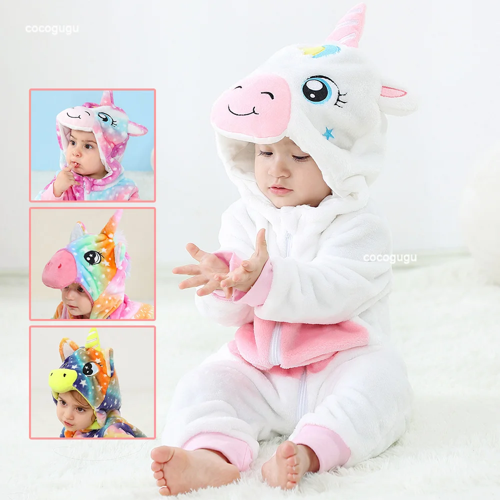 Unicorns Romper Baby Boy Girl Pajama Newborn Bebe Clothes Cute Bodysuit Flannel Warm One-piece Winter Halloween Animal Outfit