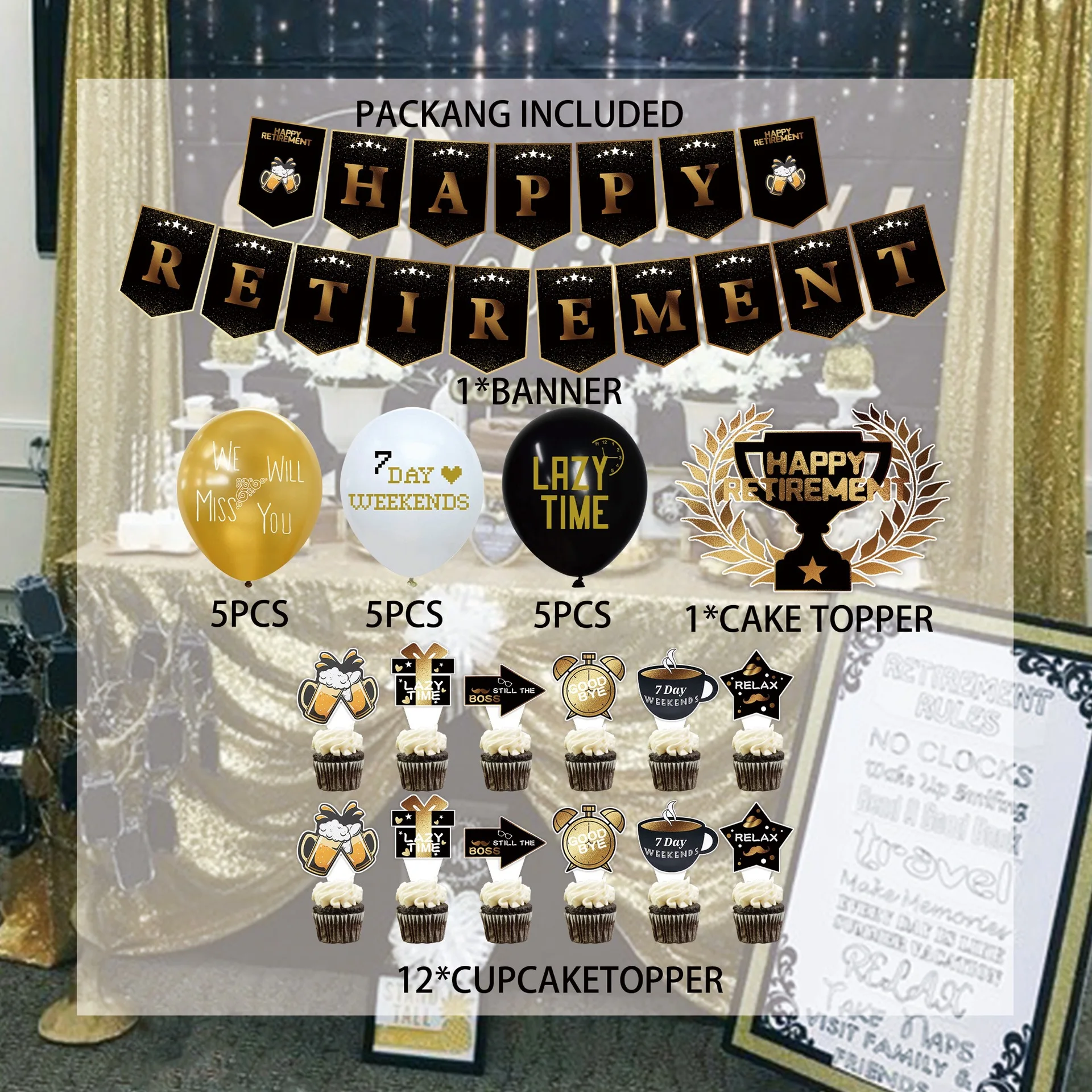حفلة التقاعد الذهب الأسود موضوع التقاعد العلم أعلام بالون حزمة الطرف الديكور التصوير الفوتوغرافي فوتوكدعوة الدعائم