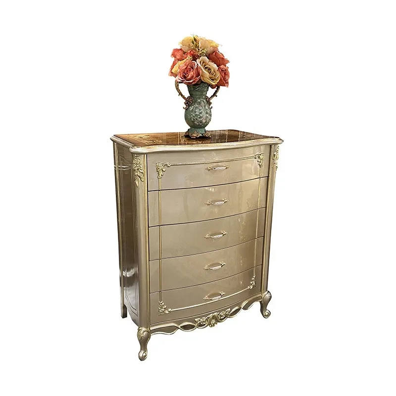 

French solid wood chest, European carved champagne gold chest