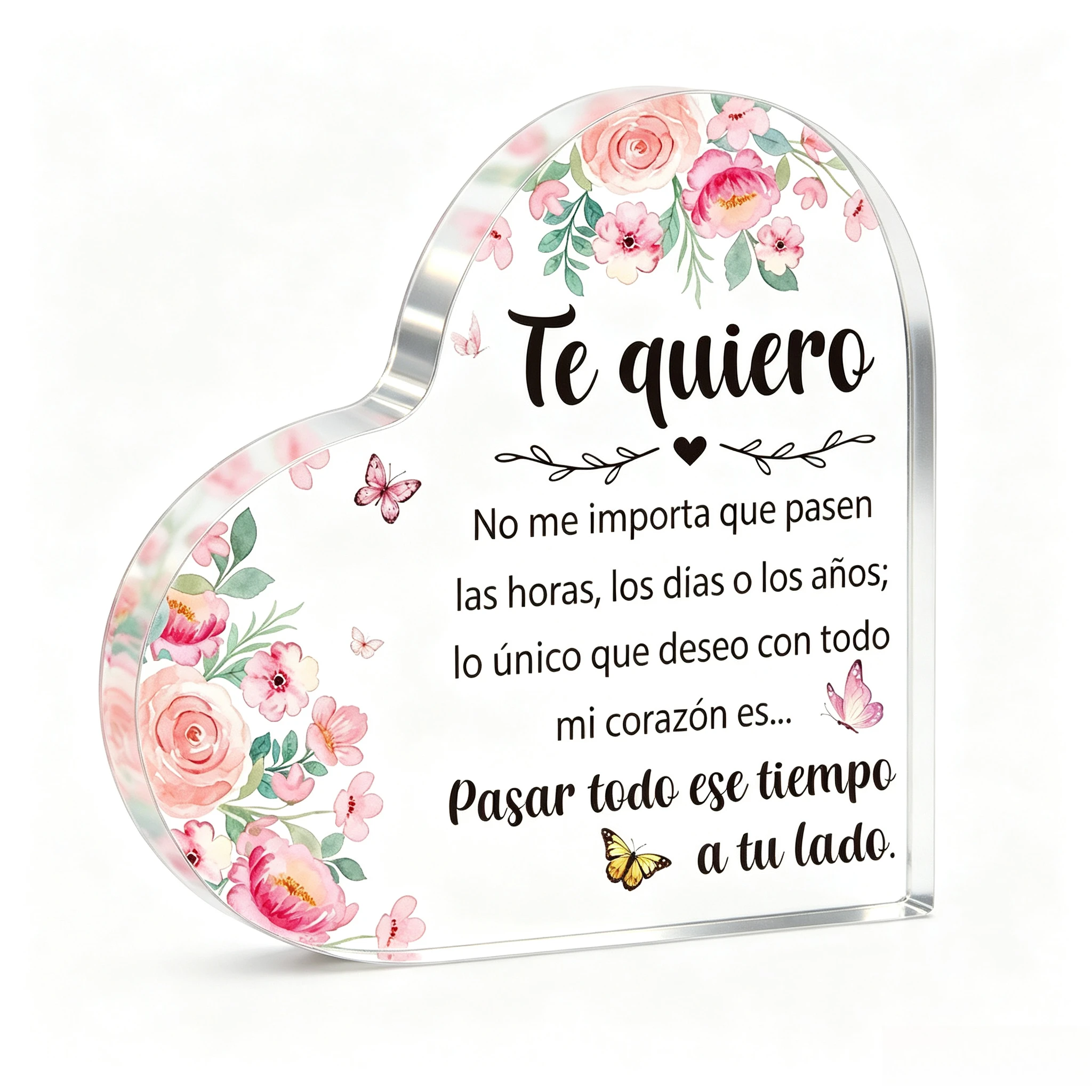 Te Quiero Spanish Love Quote Heart‑Shaped Acrylic Tabletop Plaque, Watercolor Pink Floral Butterfly Romantic Desk Keepsake Gift
