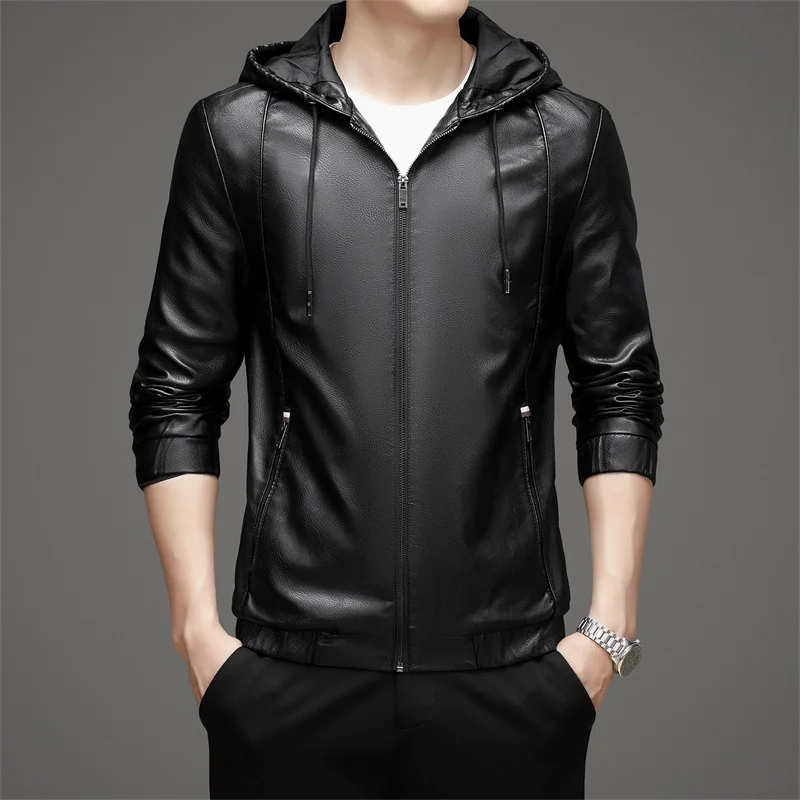 

New Men's PU Leather Jacket with Hood Square Collar Versatile Fashionable Casual Lightweight Business Match All Seasons Coat