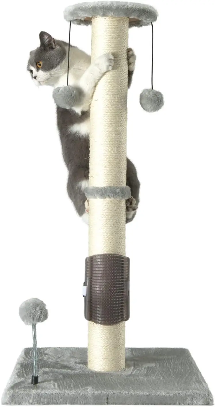 

32" Tall Cat Scratching Post Sisal Scratch Posts with Hanging Ball and Self-Massage Brush Vertical Scratcher for Indoor