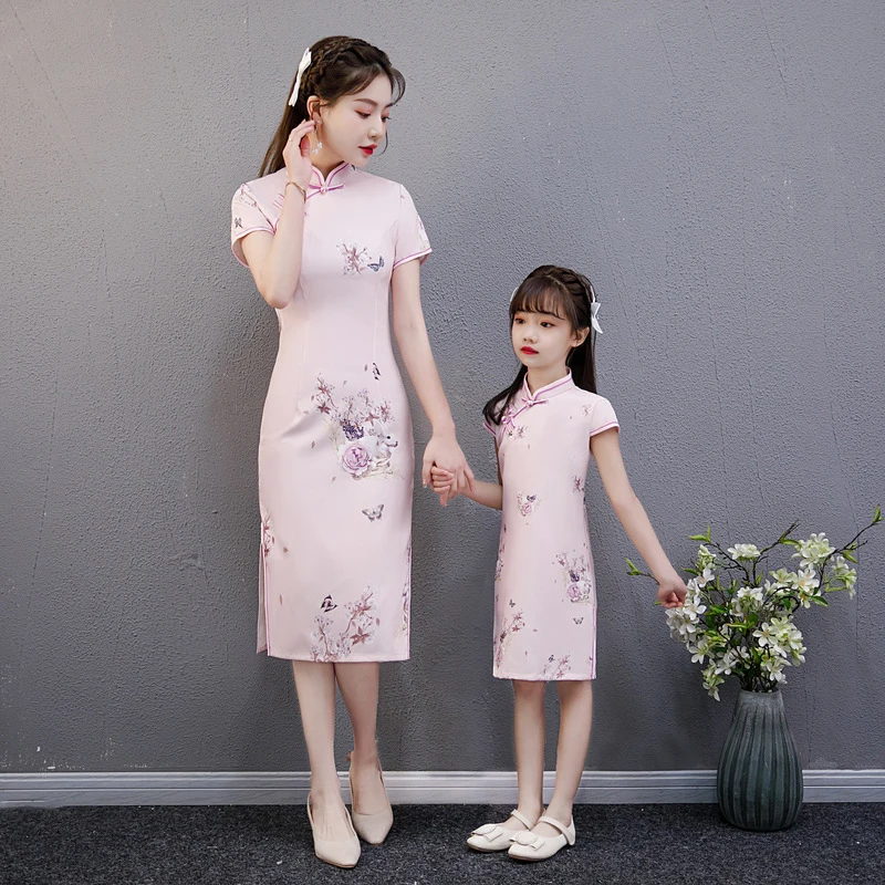 2022 Chinese Cheongsam Women and Girl Parent-Child Clothing Embroidery Butterfly Pink Sakura Fashion Floral Bodycon Dress