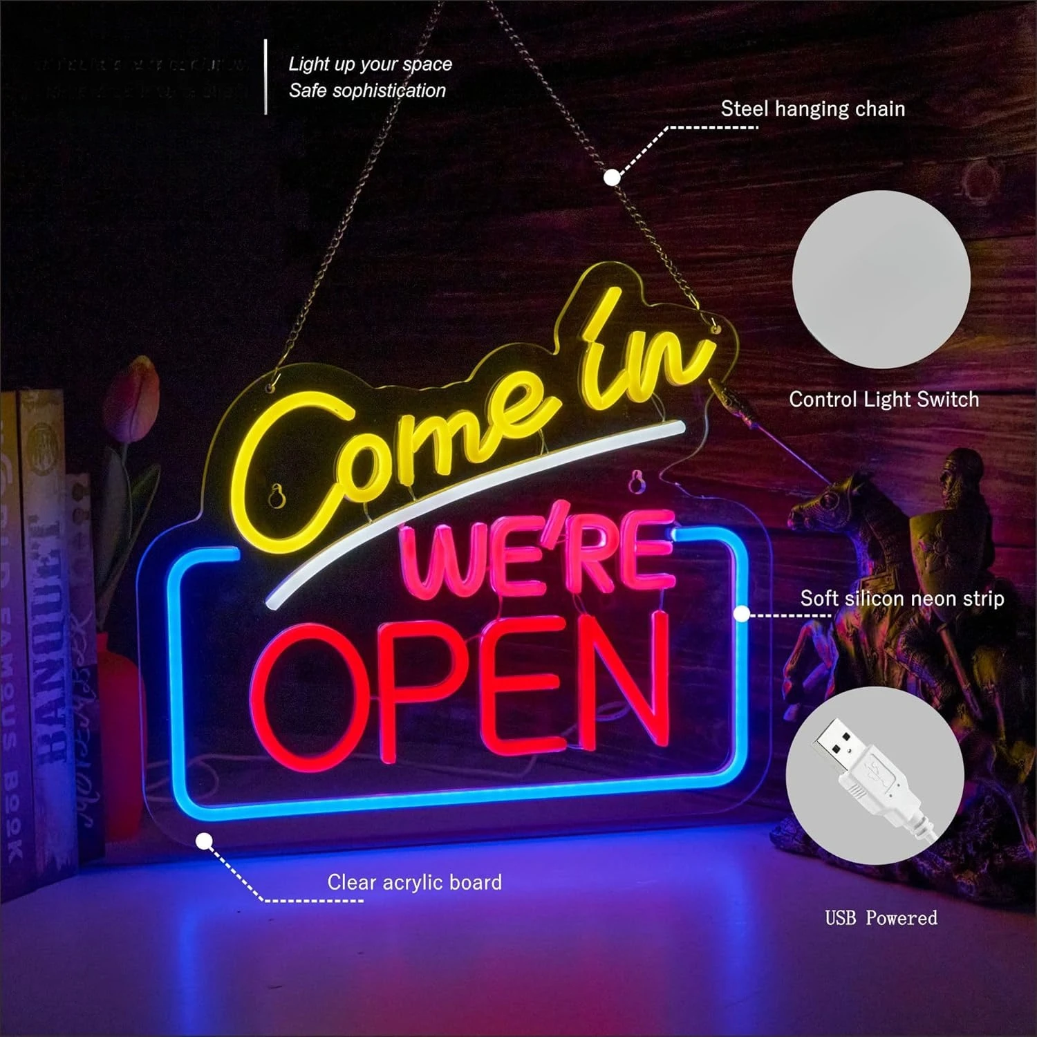 Come In We're Open Neon Sign USB Dimmable LED Light for Café Business Shop Bar Hotel Restaurant Retail store Party Pub Decor