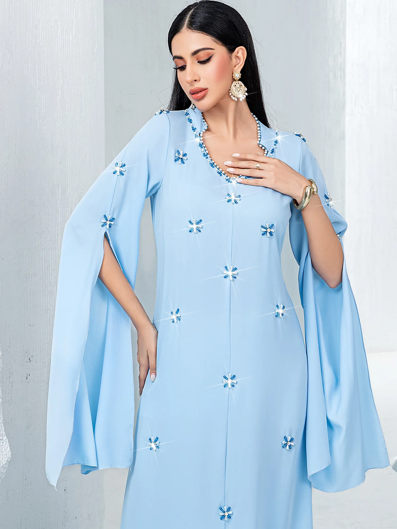 

Рамадан, исламское мусульманское арабское новое светло-голубое платье с ультра длинными рукавами, сшитое вручную, со стразами, Ближневосточное роскошное модное женское платье