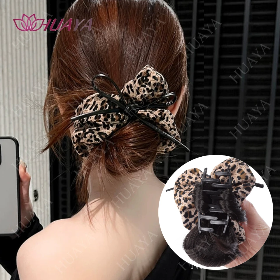 

Синтетический парик-пучок с зажимом для женщин с леопардовым принтом, аксессуар, заколка для наращивания волос, шиньон, термостойкий пучок, черный, коричневый