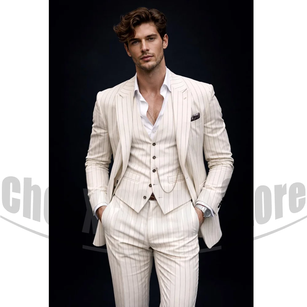 Chic Striped Men Suit 3 Piece Single Breasted Slim Outfit Formal Prom Party Wedding Groom Blazer Pants Vest For Business Casual