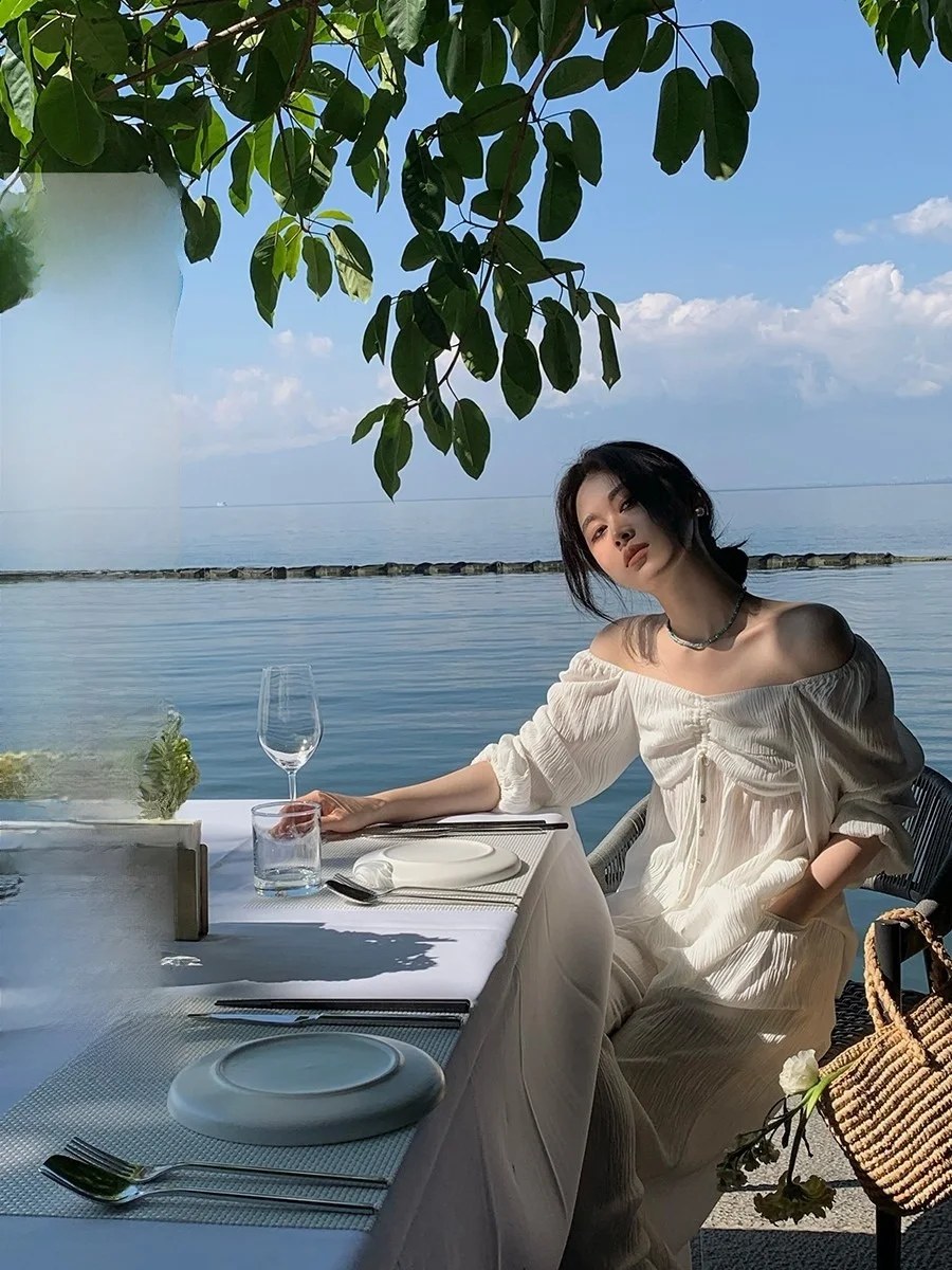 

Women's Bubble Sve irt Summer Design Sense Dstring Chiffon Top Loose Fit V-ne Five-quarter Sve Polyester Nylon