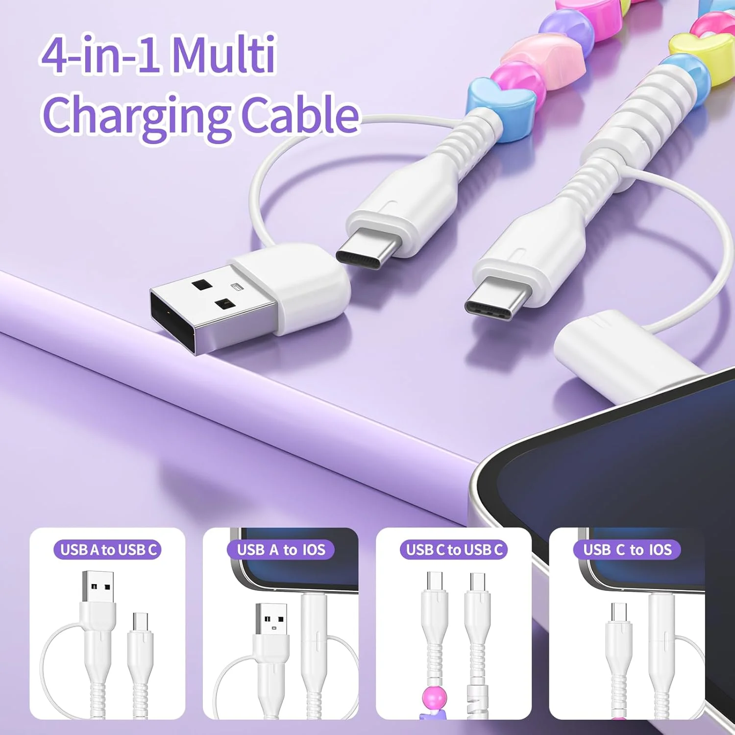 KUTOU 4 In 1 Beaded Fast Charging Cable For Iphone High-speed 60w PD3.0 Charging For Iphone Fast Data Sync Beads Phone Cable