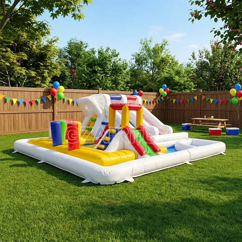 Kids Inflatable Water Park Slide Castle Obstacle Course Pool Sport Theme Easy Setup Commercial PVC Backyard Party School Events