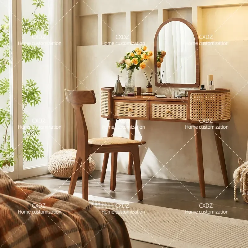 Nordic Solid Wood Rattan Dresser Modern Simple Makeup Table for Bedroom Small Apartment Female Vanity Desk Storage Cabinet