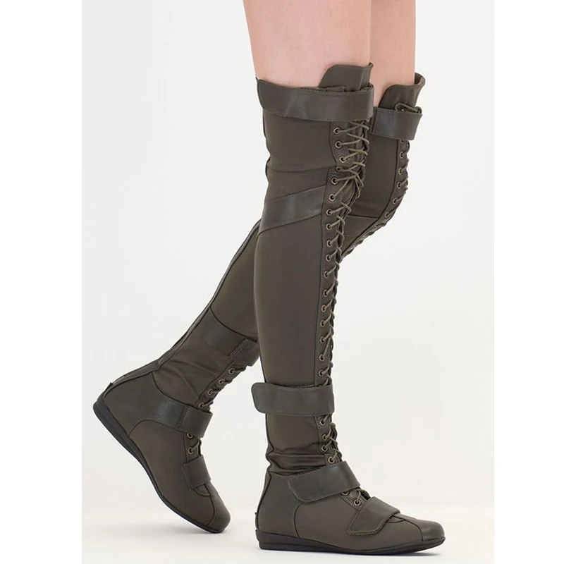 Fashion Stretch Fabric Patchwork Flat Sole Thigh Boots Roman Style Women Round Toe Leisure Over the knee Boots Knight Boots