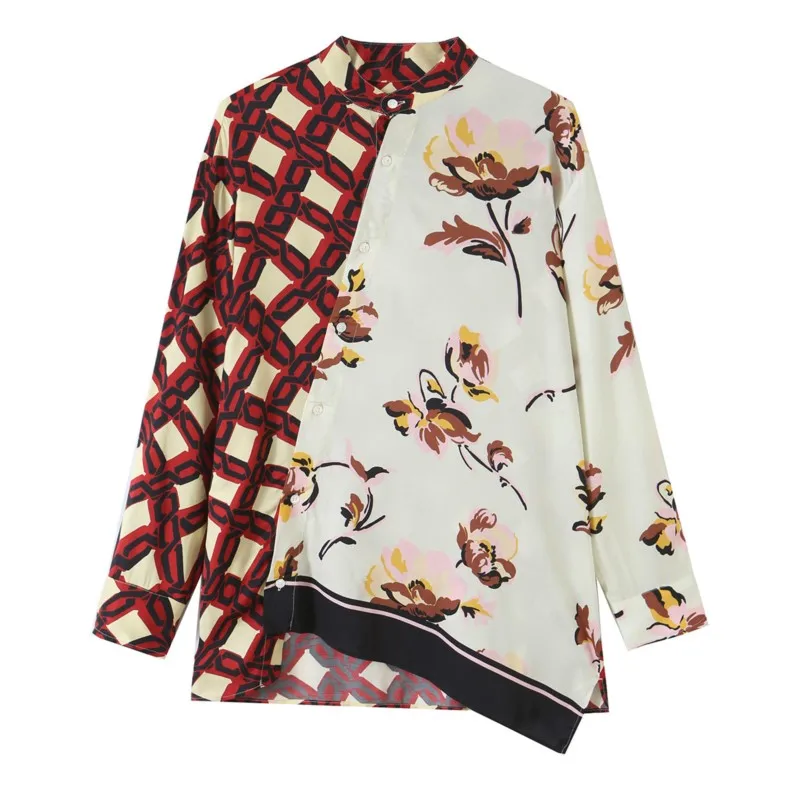 Women Splicing Printed Shirt Autumn Stand Neck Long Sleeve Buttons Asymmetry Hem Blouses Fashion Casual Female Vintage Chic Top