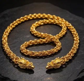 Unisex 24K AU999 Real Gold Boss Chain, Hollow 10MM 60CM Bold Keel Faucet Necklace, Polished Finish