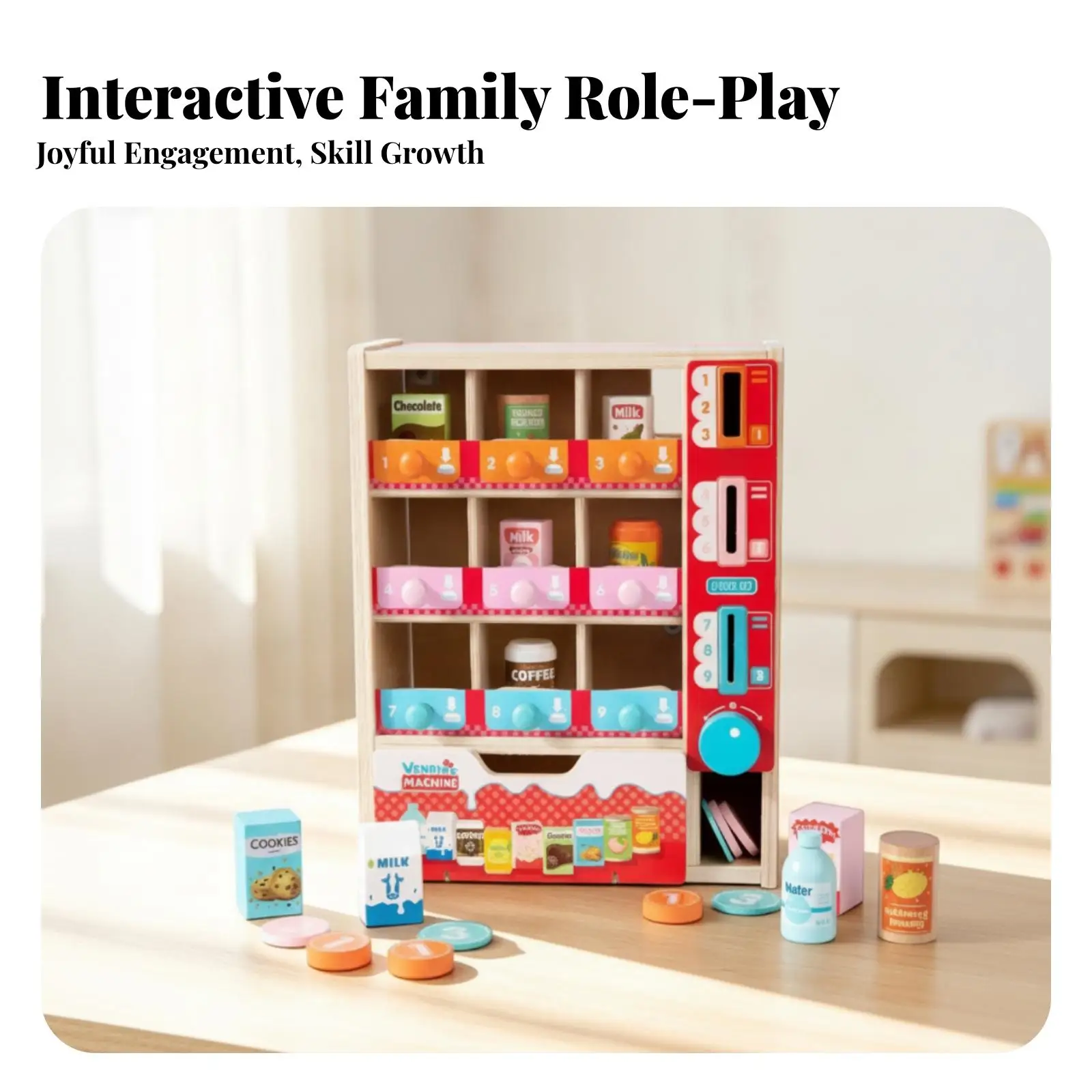 Children Wooden Pretend Vending Machine Store Toy with Snack Tins and Play Money for Interactive Learning