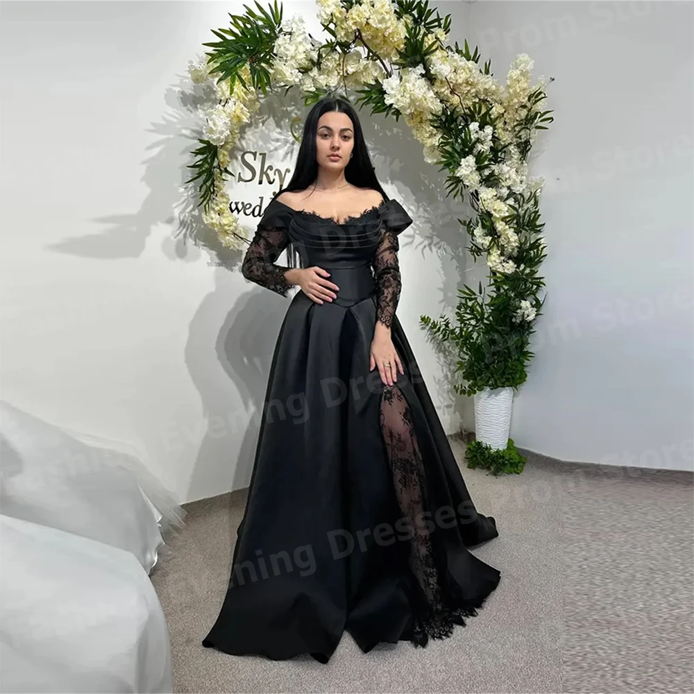 

Elegant Women A Line Evening Dresses Off Shoulder Long Sleeve Prom Gowns Customized Lace Side Slit Vestidos De Fiesta Elegantes