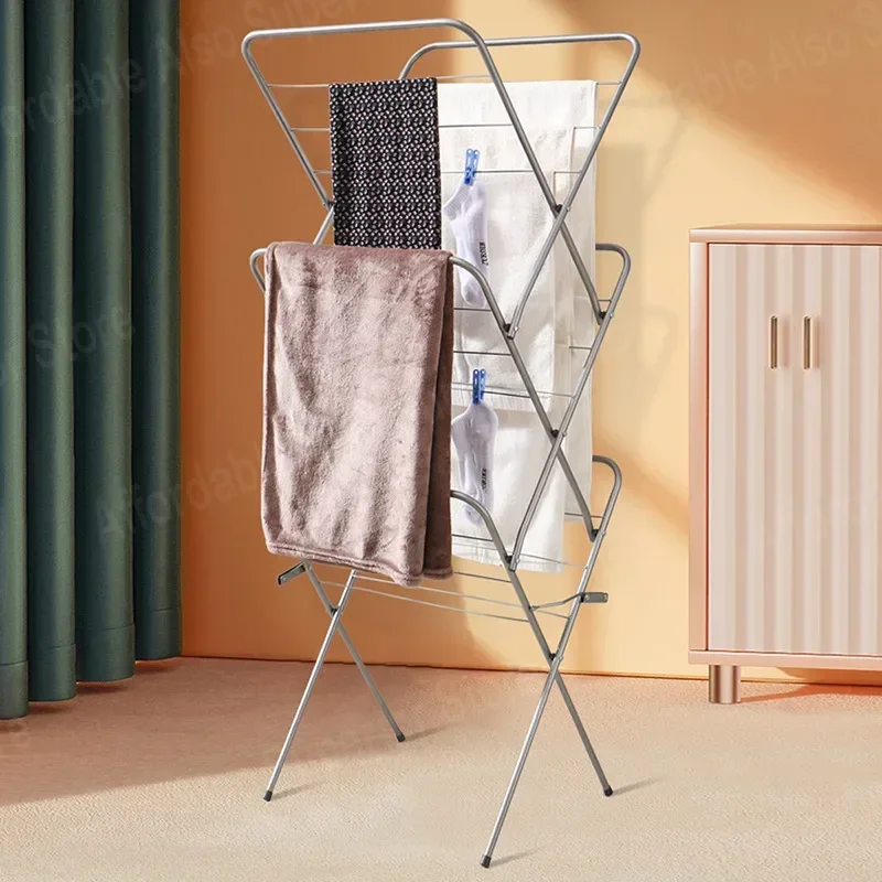 Silver X-type three-layer vertical towel rack household clothing store floor folding balcony simple drying rack