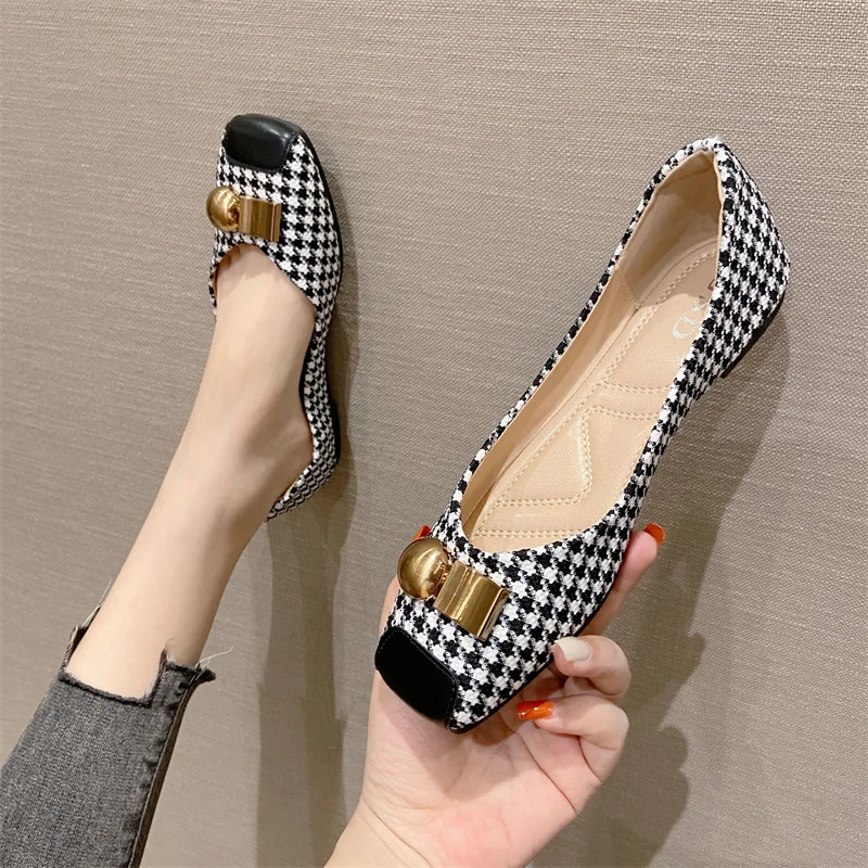 Women Flats Houndstooth White Black Plaid Flat Shoes for Female Slip on Casual Shoes Summer Spring Square Head Zapatillas Mujer