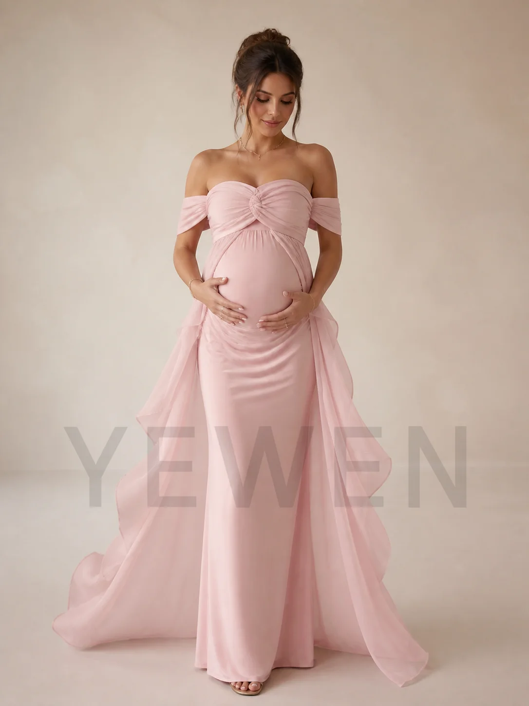 Light Pink Off Shoulder Maternity Gown with Ruffle Train for Baby Shower ZX001