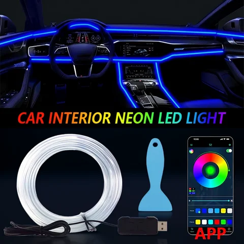 Car RGB Ambient LED Light Strip 1/2/3/4/5M APP Control USB Fiber Optic Atmosphere Lamp Neon Interior Console Decoration Lights