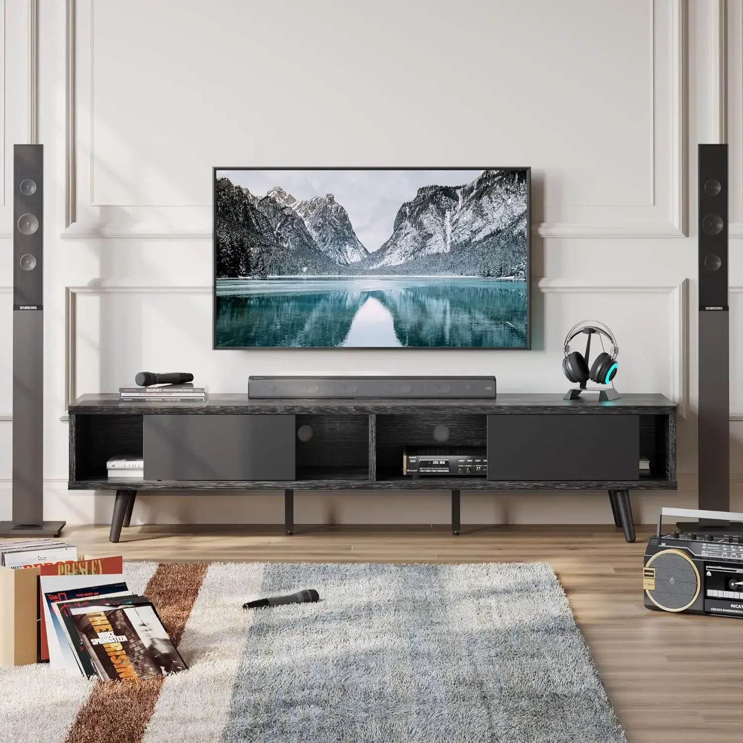 

70 inch Mid Century Modern Entertainment Center for 75 inch Display, Low Profile with Storage