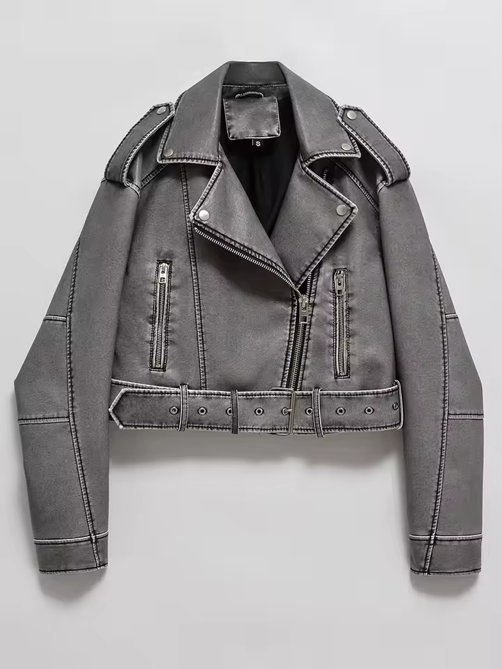 Ailegogo feminino vintage solto lavado couro falso jaqueta curta streetwear feminino zíper cinto moto motociclista retro casaco outwear topos