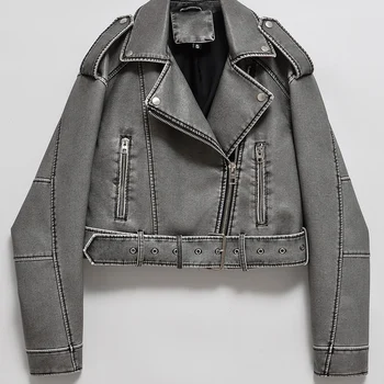 Ailegogo Women Vintage Loose Washed Faux Leather Short Jacket Streetwear Female Zipper Belt Moto Biker Retro Coat Outwear Tops